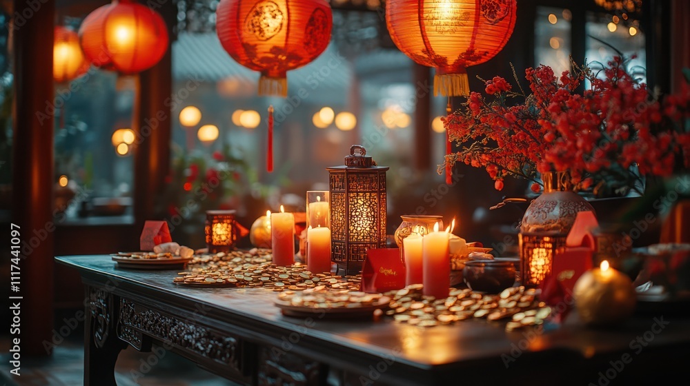 Festive table setting with lanterns, candles, and coins. Festive table setting with lanterns, candles, and coins.