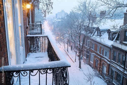 A snowy balcony view overlooking a quiet street lined with historic buildings.