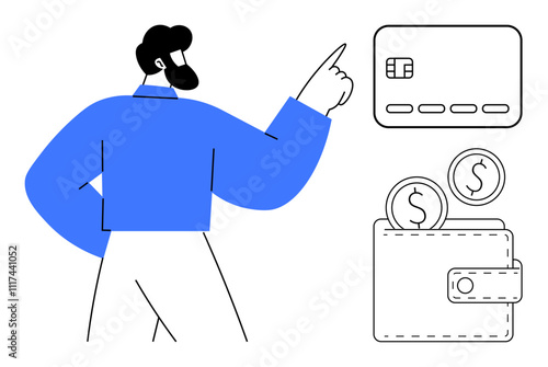 Man pointing at a wallet with coins and a credit card. Ideal for financial services, banking, budgeting, saving, investing, fintech, and online transactions. Line metaphor