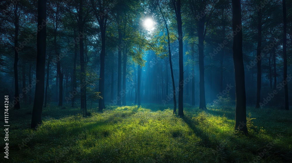 A peaceful forest at night, illuminated by the soft light of a full moon. The trees cast long shadows A peaceful forest at night, illuminated by the soft light of a full moon. The trees cast long shadows