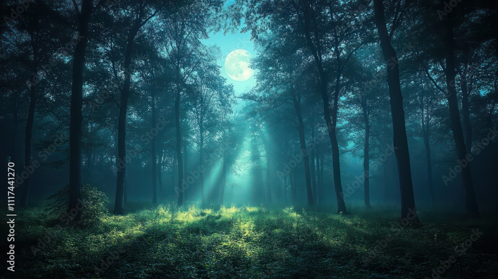 Fototapeta premium A peaceful forest at night, illuminated by the soft light of a full moon. The trees cast long shadows