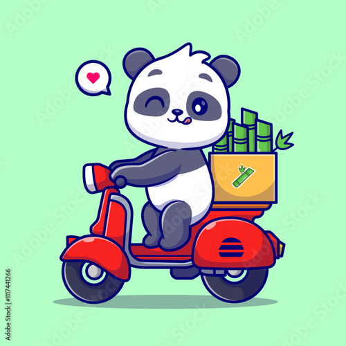 Cute Panda Riding Scooter With Bamboo Box Cartoon Vector 
Icon Illustration. Animal Transportation Icon Concept Isolated 
Premium Vector. Flat Cartoon Style