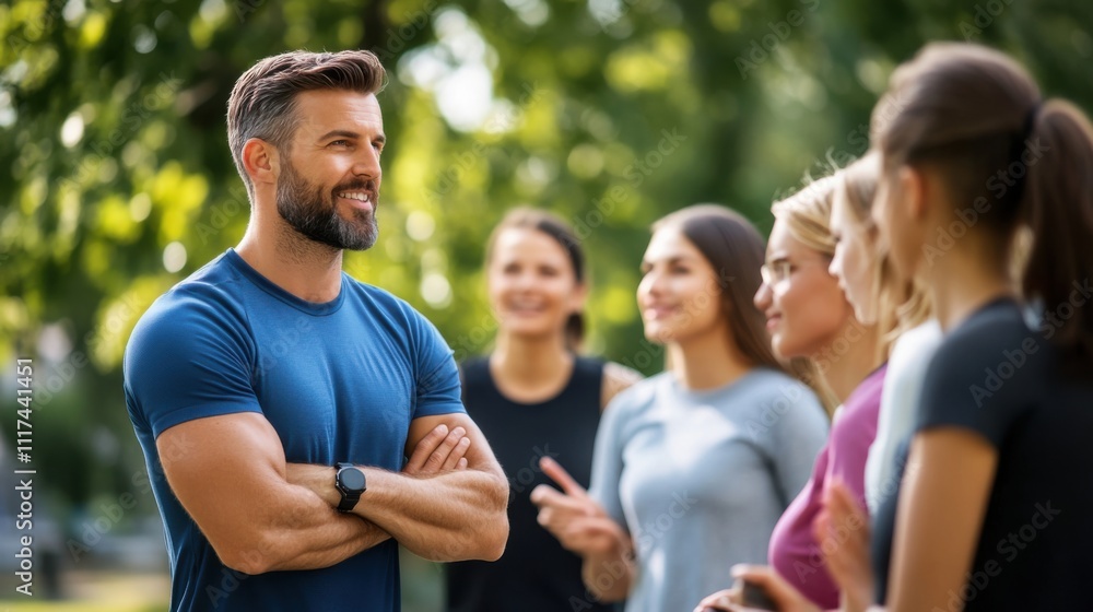 Fototapeta premium Confident Male Fitness Instructor Engaging with Group of Women in Sunny Outdoor Environment