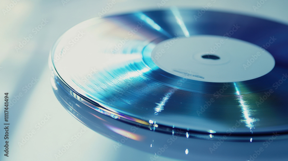 Close-up of a reflective vinyl record with a shiny surface displaying a spectrum of blue hues in soft light. Close-up of a reflective vinyl record with a shiny surface displaying a spectrum of blue hues in soft light.