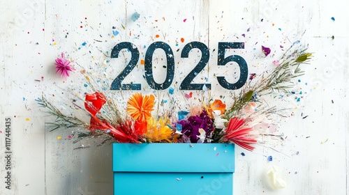 Huge gift box with flowers, New Year's greetings 2025