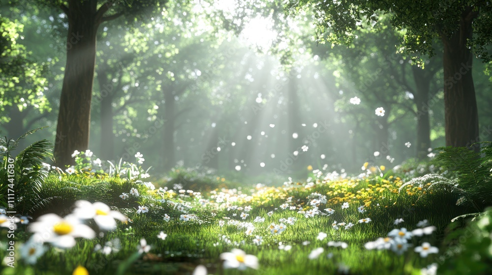 Fototapeta premium A peaceful forest in spring, with delicate wildflowers blooming on the forest floor