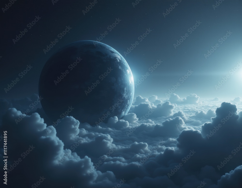 Obraz premium A breathtaking view of a celestial landscape, featuring a vibrant planet, a smaller moon, and a breathtaking sunset over a sea of fluffy clouds.