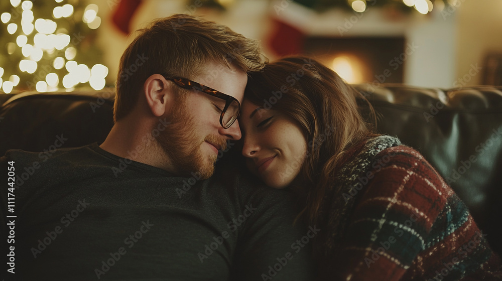 Cozy moment shared between a couple by the fireplace during the holiday season Cozy moment shared between a couple by the fireplace during the holiday season