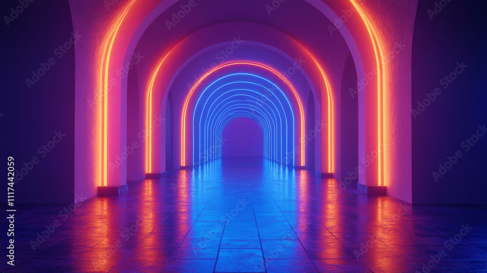 Abstract tunnel with many arches glowing with neon blue light. Realistic vector illustration of empty 3D passage perspective. Modern art gallery, space station, futuristic building interior design Abstract tunnel with many arches glowing with neon blue light. Realistic vector illustration of empty 3D passage perspective. Modern art gallery, space station, futuristic building interior design