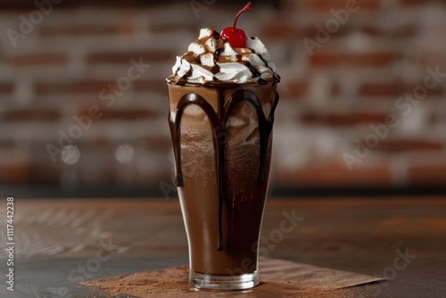 A delicious chocolate milkshake topped with whipped cream and a cherry.