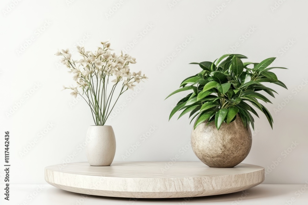 A minimalist display featuring a vase of flowers and a potted plant on a round table. A minimalist display featuring a vase of flowers and a potted plant on a round table.