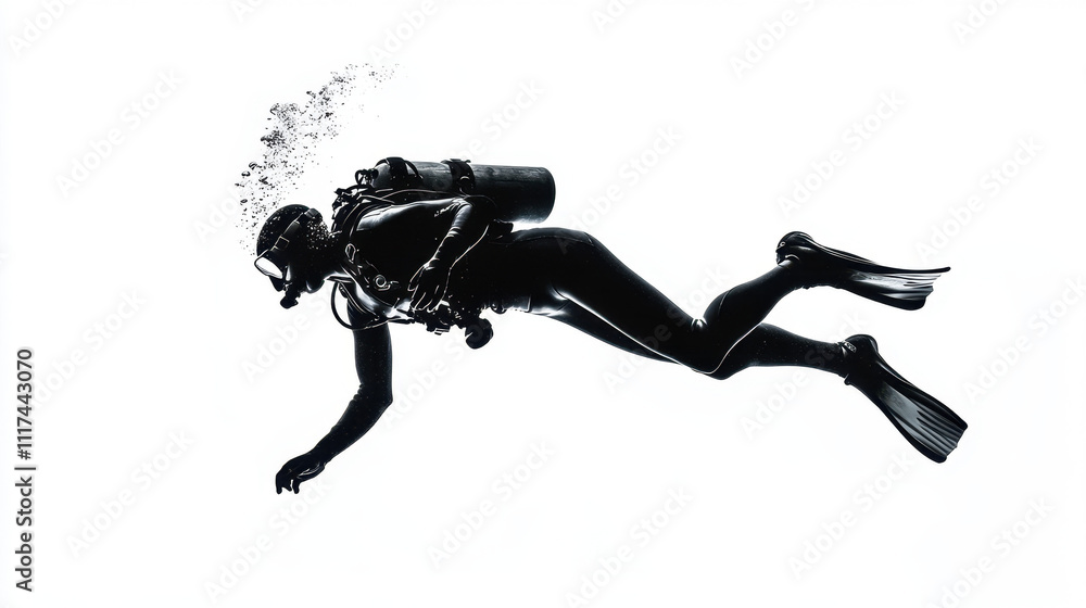 Silhouette of a scuba diver in a wetsuit, gracefully swimming underwater with bubbles rising, set against a stark white background, creating a dramatic effect. Silhouette of a scuba diver in a wetsuit, gracefully swimming underwater with bubbles rising, set against a stark white background, creating a dramatic effect.