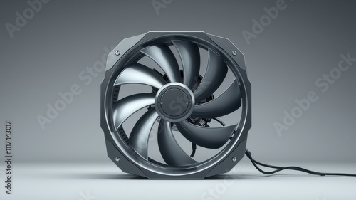 Computer cooling fan with a black metal frame and silver blades on a white background.