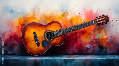 A vibrant red acoustic guitar placed against a background of fiery orange, red, and smoky gray colors.
