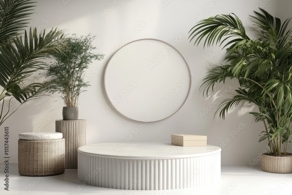 Modern interior design featuring plants, a circular wall art piece, and a round table. Modern interior design featuring plants, a circular wall art piece, and a round table.