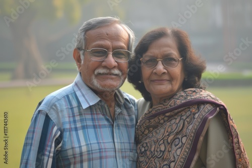 Elderly Indian couple smiling and hugging. The man is wearing a traditional sadhu collar, suggesting he might be a religious figure or simply dressed in cultural attire. photo