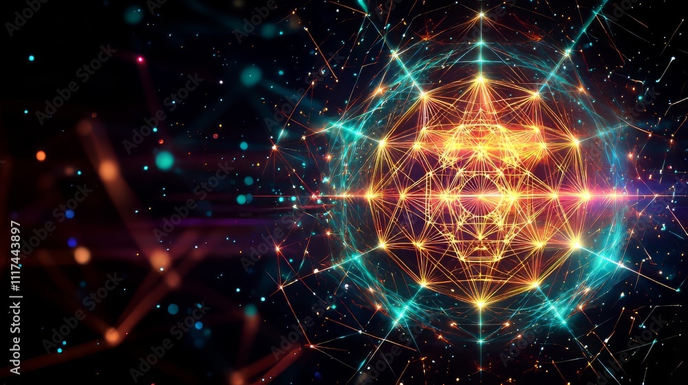 Glowing geometric sphere with interconnected neon lines in space Glowing geometric sphere with interconnected neon lines in space