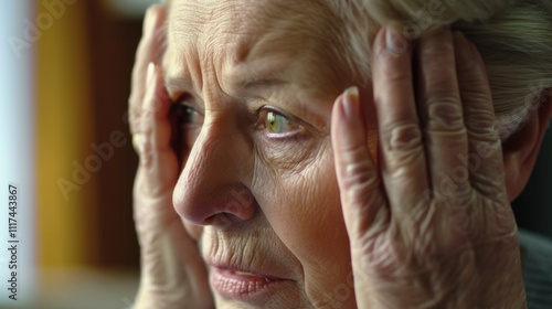 Portrait of an elderly female with a worried or pained expression, resting her hand on the side of her face photo