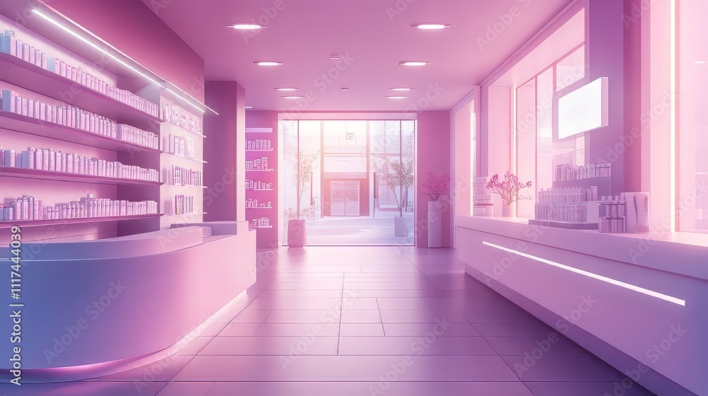 Interior view of a contemporary, unoccupied pharmacy with a stylish shop background. minimalist backgrounds. Interior view of a contemporary, unoccupied pharmacy with a stylish shop background. minimalist backgrounds.