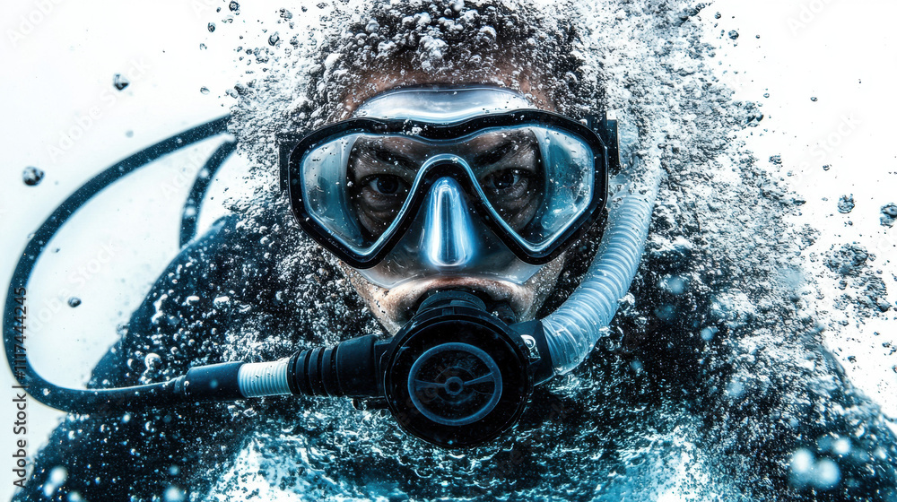 Diver submerged in bubbles, wearing scuba gear with intense expression, in vibrant blue waters, capturing the thrill of underwater exploration. Diver submerged in bubbles, wearing scuba gear with intense expression, in vibrant blue waters, capturing the thrill of underwater exploration.