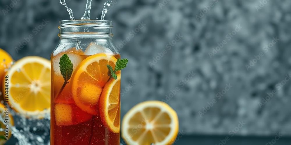 Refreshing Iced Tea with Lemon Slices and Mint Leaves in a Glass Jar, Close-up, Water Splashing Refreshing Iced Tea with Lemon Slices and Mint Leaves in a Glass Jar, Close-up, Water Splashing