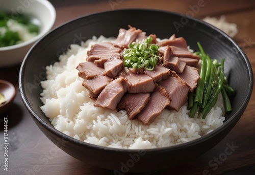 Bowl of steamed rice with chashu pork and a sprinkle of scallions, Asian, dish