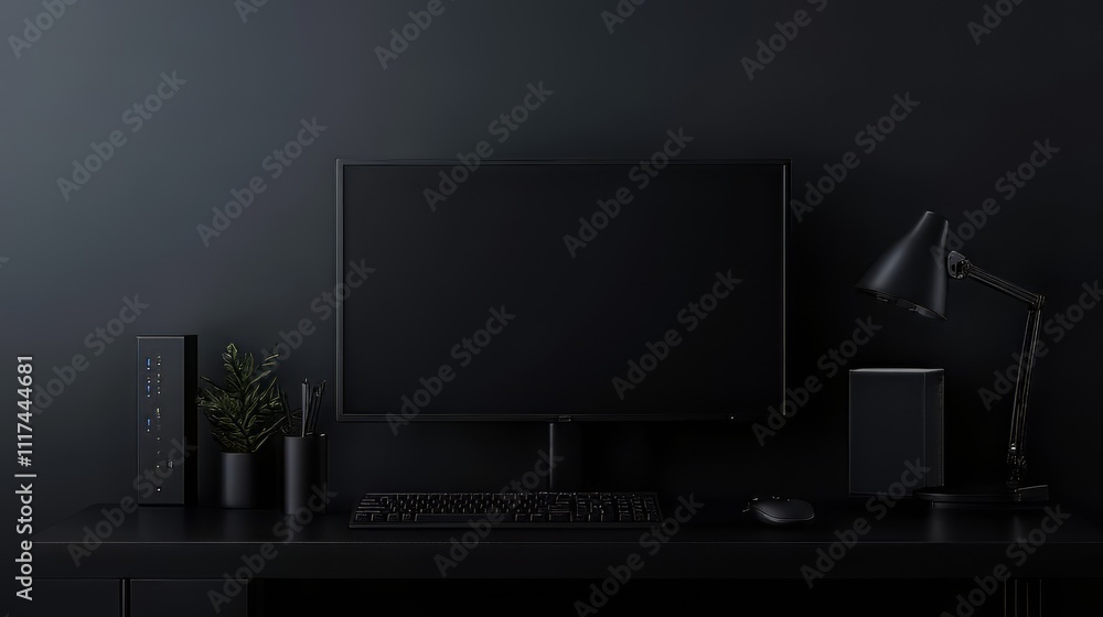 Minimalist black desk setup with modern computer display, lamp, plants, and keyboard against a dark background for a sleek workspace look. minimalist backgrounds. Minimalist black desk setup with modern computer display, lamp, plants, and keyboard against a dark background for a sleek workspace look. minimalist backgrounds.