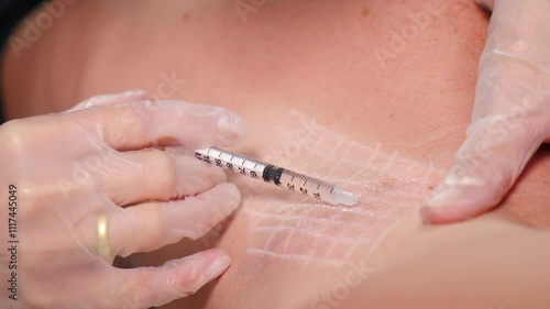 Medical professional wearing latex gloves performing toxin injection with syringe into patient armpit, emphasizing the significance of healthcare and treatment in clinical environment. hyperhidrosis