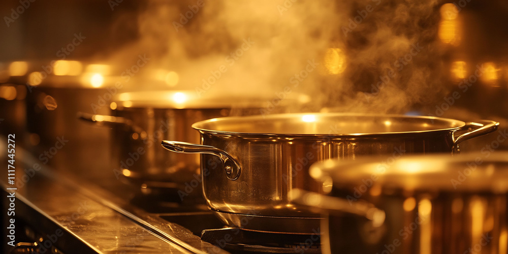 Row of stainless steel pot pan stove their reflective surface glistening under warm golden light cozy atmosphere of kitchen invite thought of homecooked meal glow creating perfect backdrop culinary Row of stainless steel pot pan stove their reflective surface glistening under warm golden light cozy atmosphere of kitchen invite thought of homecooked meal glow creating perfect backdrop culinary