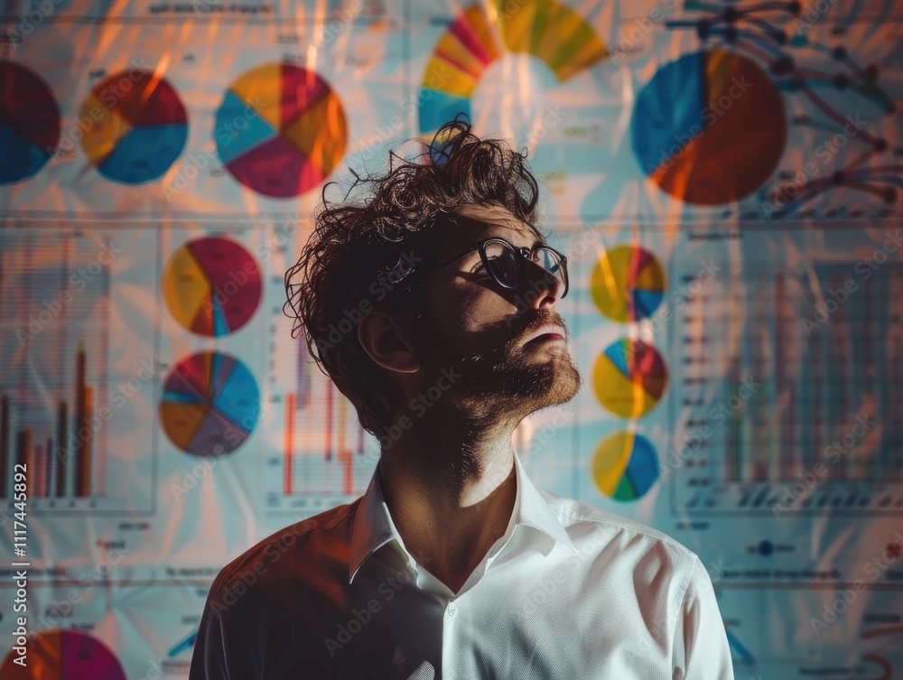 Man in white shirt with glasses and data charts on wall, looking pensive Man in white shirt with glasses and data charts on wall, looking pensive