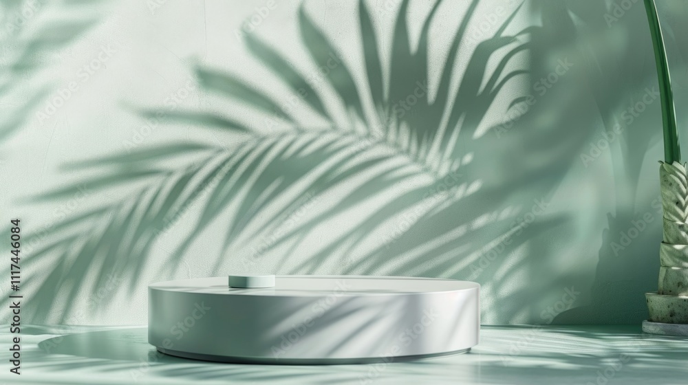White pedestal with a leafy plant in front of it. The pedestal is empty and the plant is in the foreground White pedestal with a leafy plant in front of it. The pedestal is empty and the plant is in the foreground