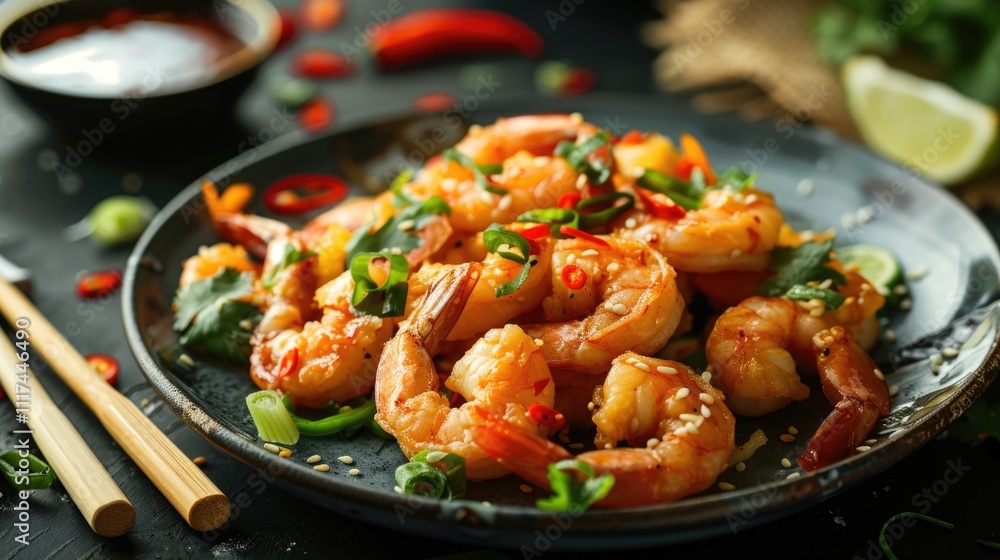 A delectable shrimp dish served on a black plate, garnished with red peppers and herbs. A delectable shrimp dish served on a black plate, garnished with red peppers and herbs.