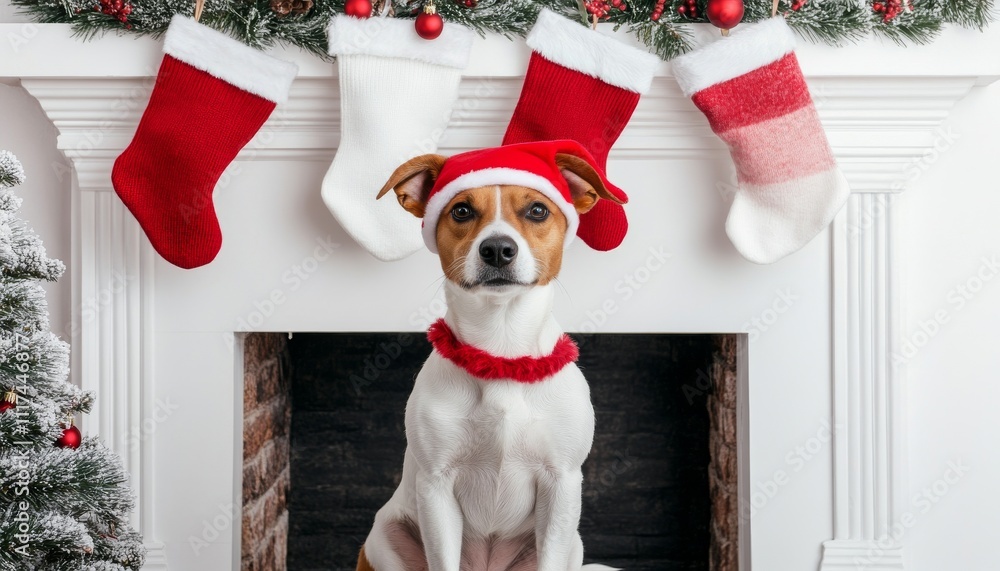 Fototapeta premium pet in christmas cloth. A festive dog wearing a Santa hat sits by the fireplace, decorated with stockings, creating a warm holiday atmosphere.