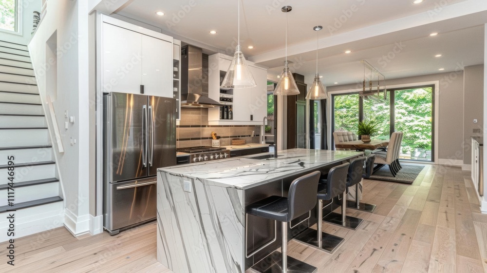 Modern kitchen with sleek design and open layout for entertaining. Modern kitchen with sleek design and open layout for entertaining.