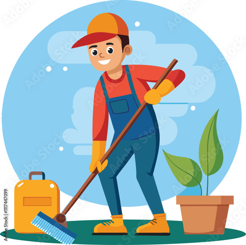 cleaning worker cleaning floor with mop vector illustration graphic design artwork