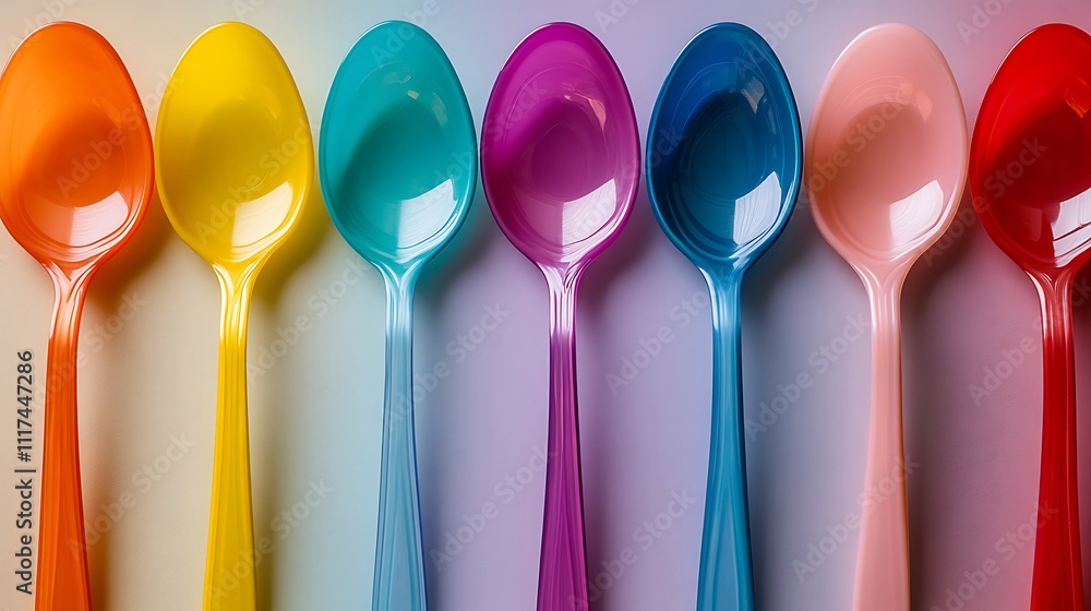 Colorful plastic spoons displayed on surface vibrant kitchen setting Colorful plastic spoons displayed on surface vibrant kitchen setting