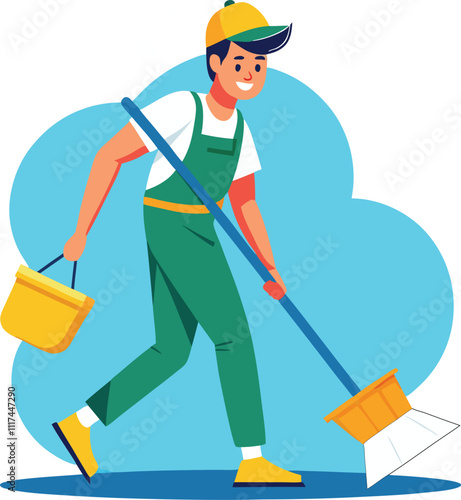 cleaning worker cleaning floor with mop vector illustration graphic design artwork