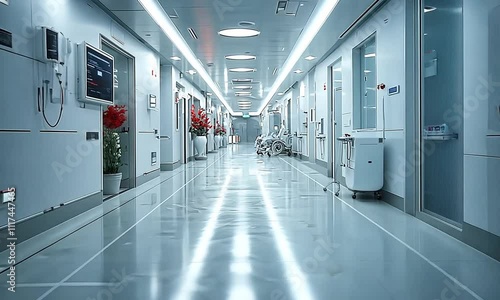 A sterile hospital corridor with medical equipment and a wheelchair.
