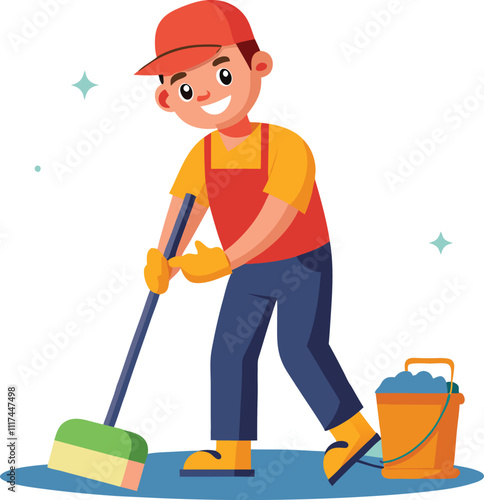 cleaning worker cleaning floor with mop vector illustration graphic design artwork
