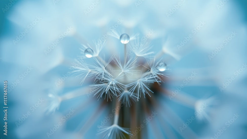 Fototapeta premium Dandelion seed head with delicate white plumes and sparkling water droplets, capturing the beauty of nature's details