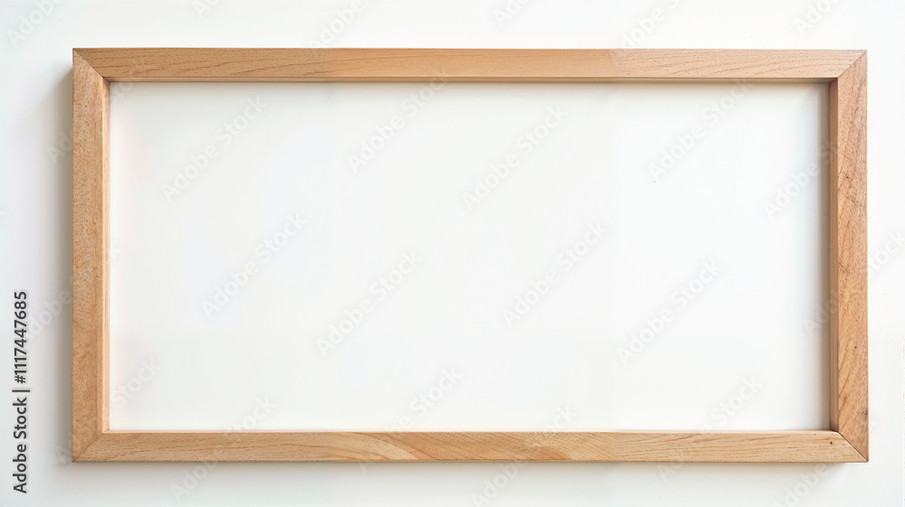 Fototapeta premium Wooden frame hanging on a wall, ready for artwork or photographs in a minimalist setting