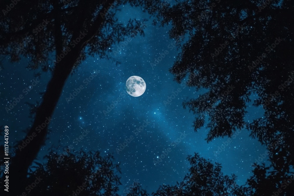 Naklejka premium A serene night sky with a bright moon framed by tree silhouettes.