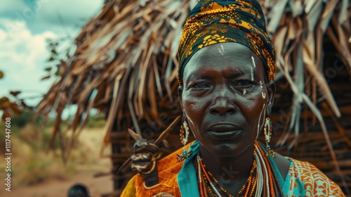 African woman with traditional attire standing in front of thatched huts, highlighting cultural heritage and rural living conditions.