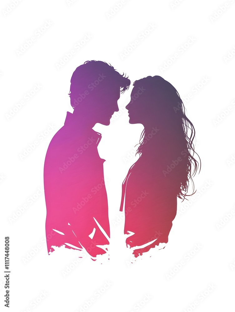 A silhouette of a couple standing close together, gazing into each other's eyes in an intimate pose. A silhouette of a couple standing close together, gazing into each other's eyes in an intimate pose.