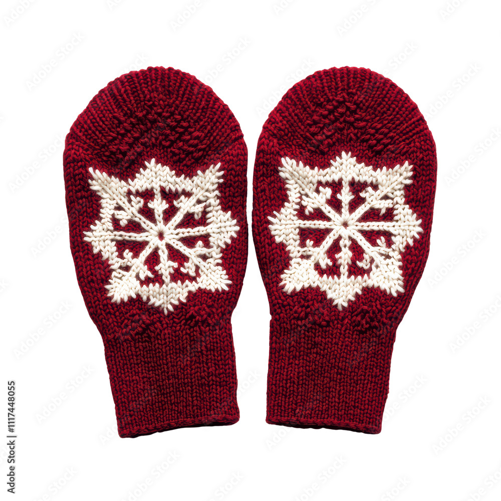 Warm red mittens with white snowflake patterns, perfect for winter activities and cozy days. Ideal for gifting or personal use during cold season isolated on transparent background Warm red mittens with white snowflake patterns, perfect for winter activities and cozy days. Ideal for gifting or personal use during cold season isolated on transparent background