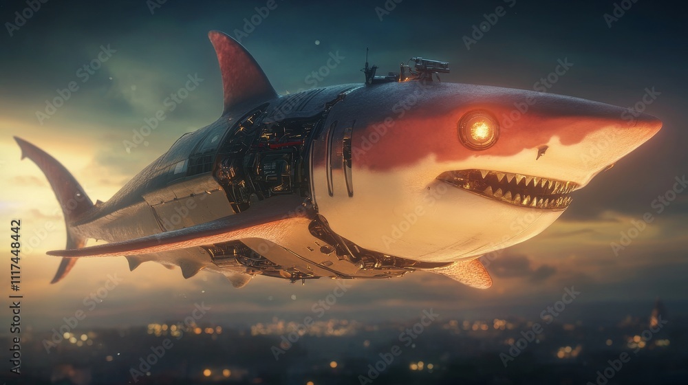 Mechanical Shark in Flight Over City Mechanical Shark in Flight Over City