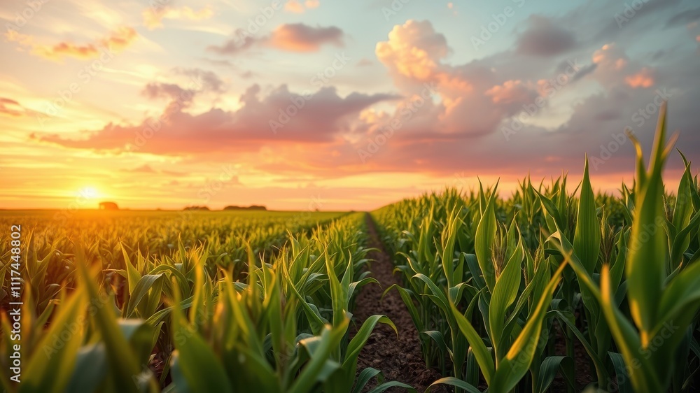 A field of green corn stalks at sunset, with a vibrant sky and the sun peeking through the clouds. A field of green corn stalks at sunset, with a vibrant sky and the sun peeking through the clouds.