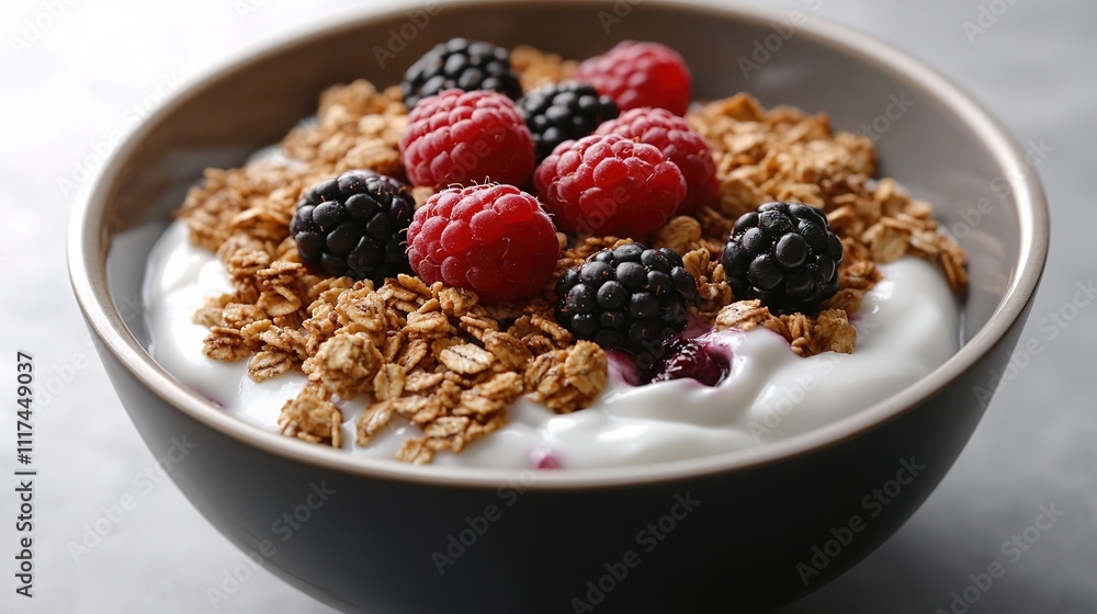 close-up of bowl of fresh vegan yogurt topped with granola and berries placed on plain background for veganuary close-up of bowl of fresh vegan yogurt topped with granola and berries placed on plain background for veganuary