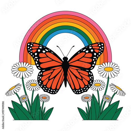 Vibrant Butterfly with Rainbow and Daisy Flowers