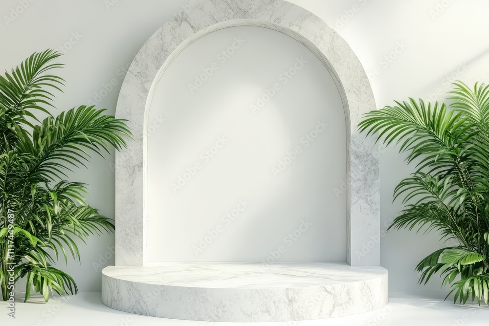 A minimalist display area featuring a marble arch and lush greenery. A minimalist display area featuring a marble arch and lush greenery.
